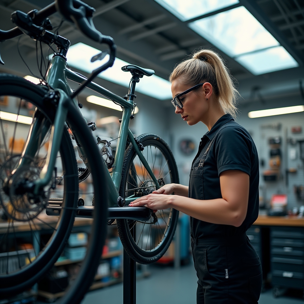 Fahrradmechaniker bei der Arbeit in einer modernen Werkstatt