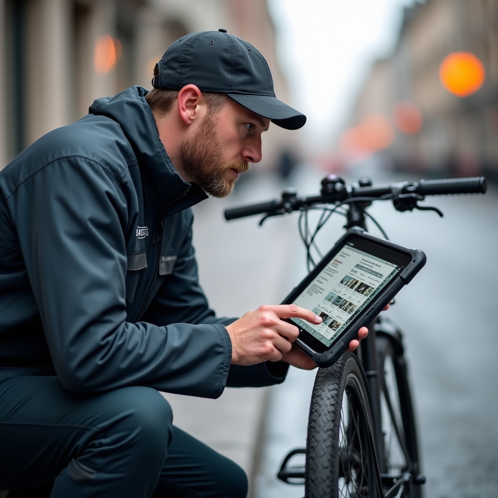 Mobiler Fahrradreparaturdienst nutzt Software auf einem Tablet
